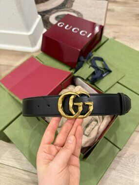 NEW Unisex Authentic Gucci GG Gold Buckle Calfskin Belt